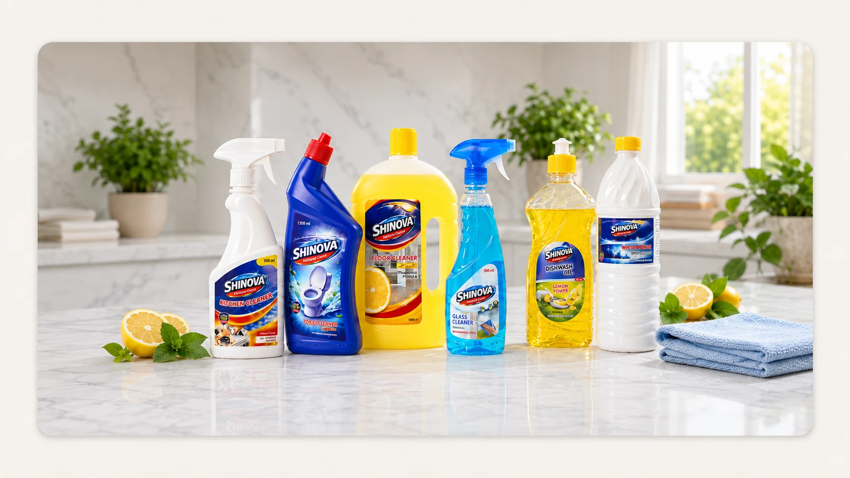 Shinova glass cleaner beside a bright window