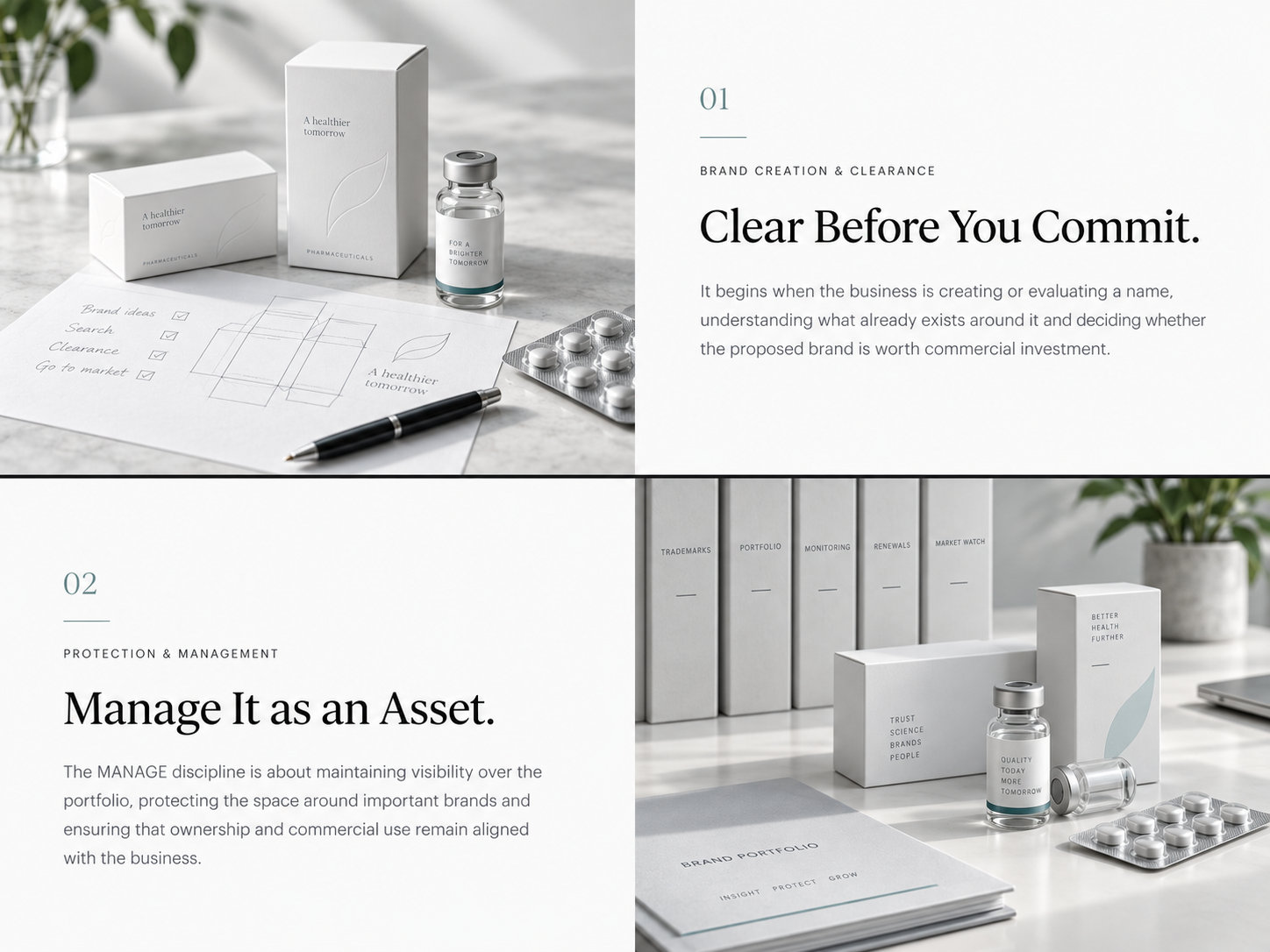 Pharmaceutical packaging, a medicine vial, naming and clearance plans, and a pen.