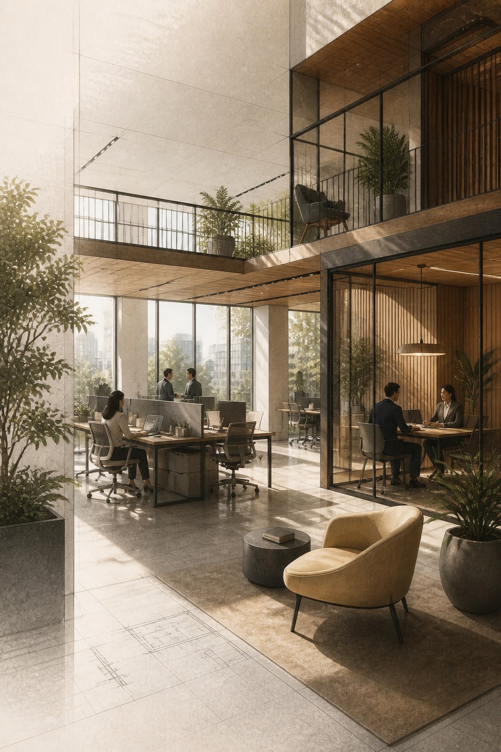 Editorial illustration of a flexible modern office in Bengaluru