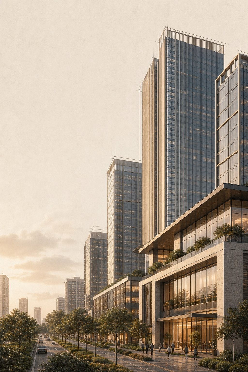 Editorial illustration of Bengaluru commercial towers and urban growth