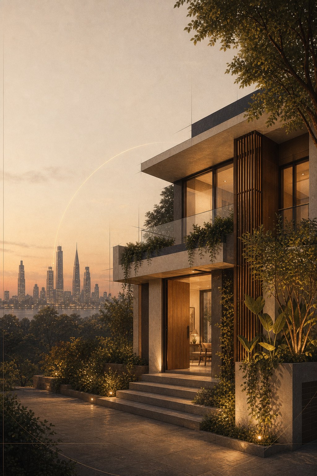 Editorial illustration connecting an overseas skyline to a Bengaluru home