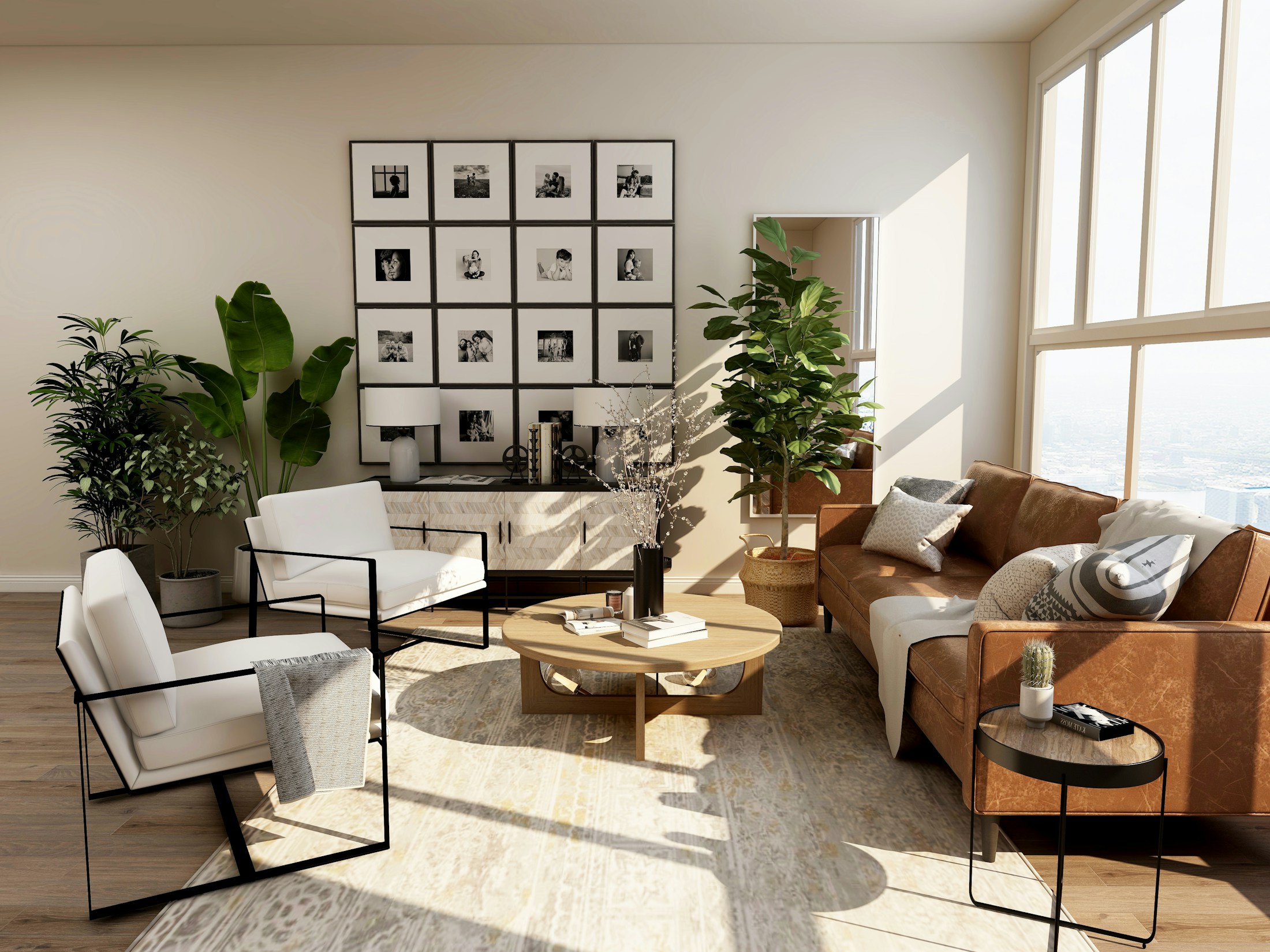 Natural light falling across a thoughtfully furnished living room